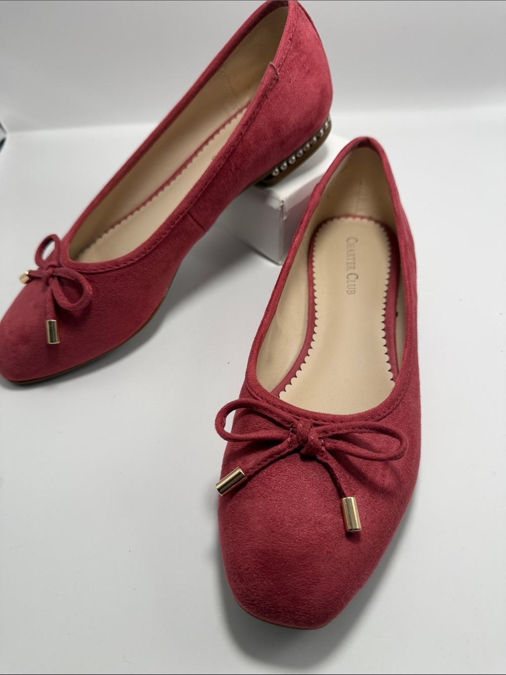 Charter Club Pink Suede Look Ballet Flats Bow Pearl Heel Women’s Shoes